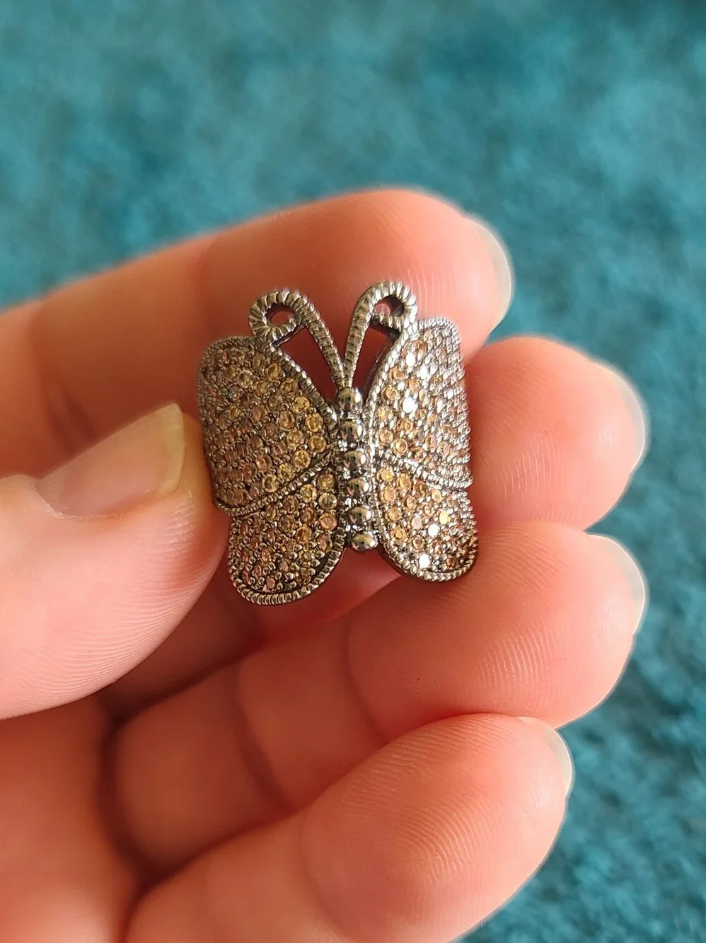 Vintage-Inspired Butterfly Statement Ring in Brown Crystal and Antique Silver